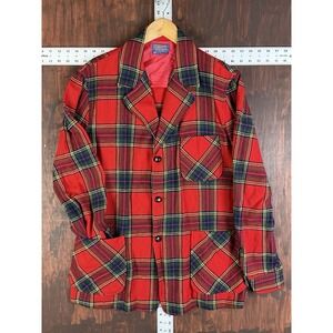 Pendleton 49er Plaid Virgin‎ Wool Leather Button Jacket Holiday Cabin Mens Large